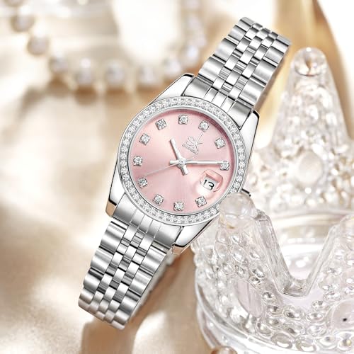 SHENGKE Women's Elegant Crystal Accented Solid Alloy Steel Band Calendar Watches for Women
| SHENGKE Women's Solid Allo